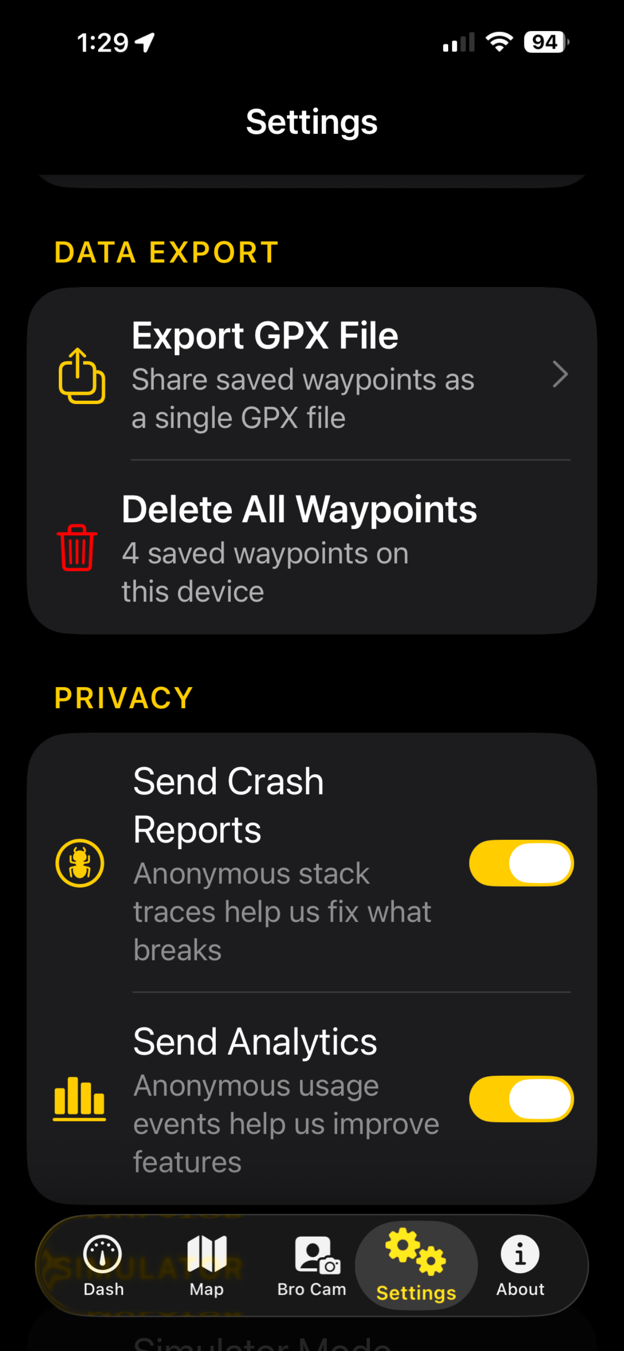 WheelBro Settings Data Export screen with Export GPX File and four saved waypoints