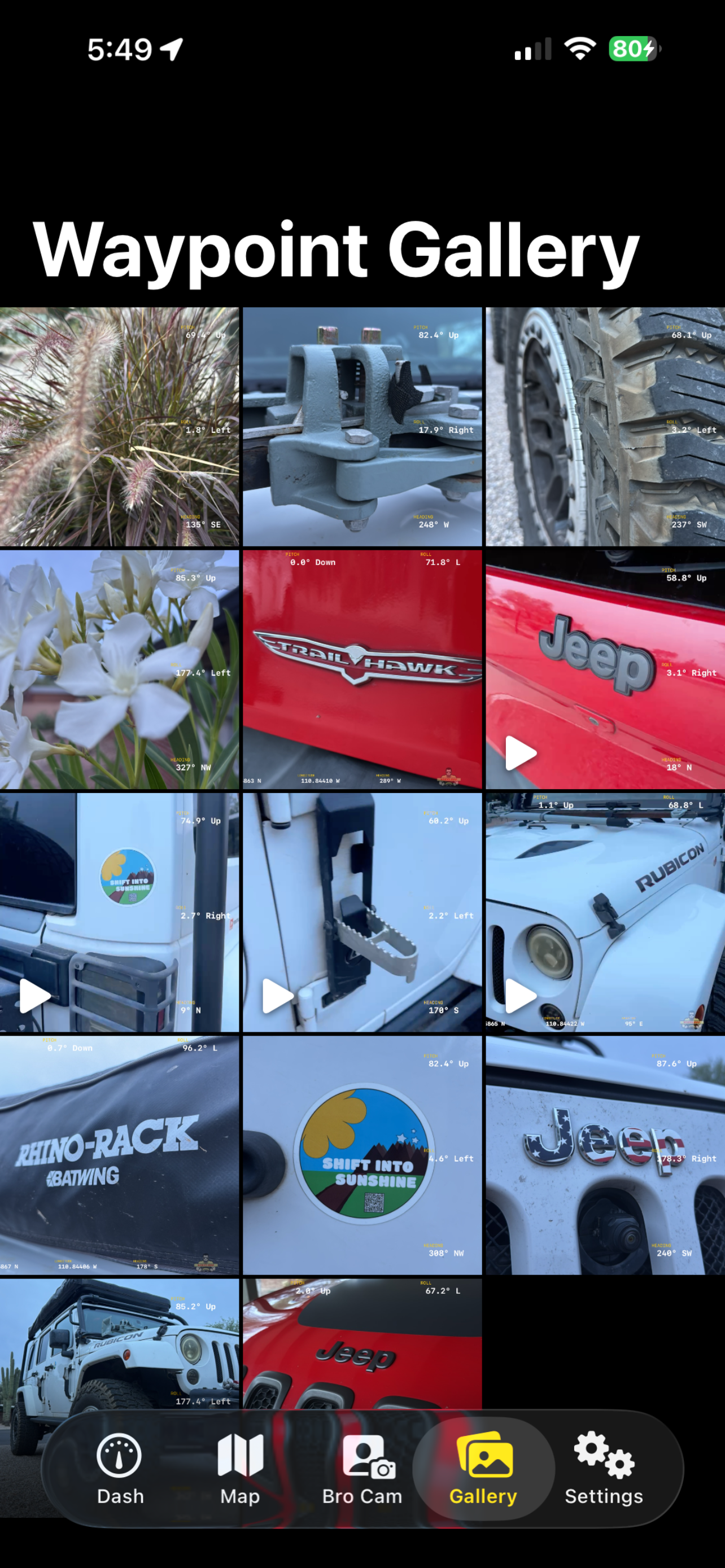 WheelBro Waypoint Gallery showing a grid of BroCam photos and videos