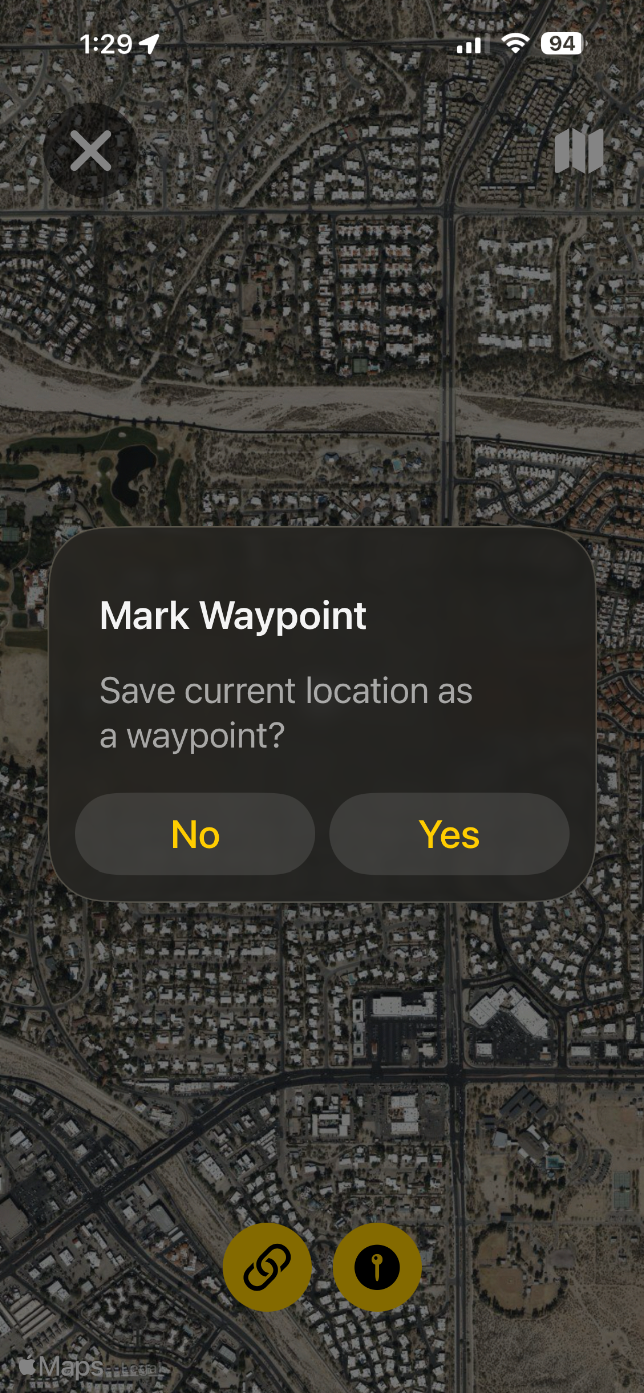 WheelBro Map view with the Mark Waypoint confirmation dialog over satellite imagery